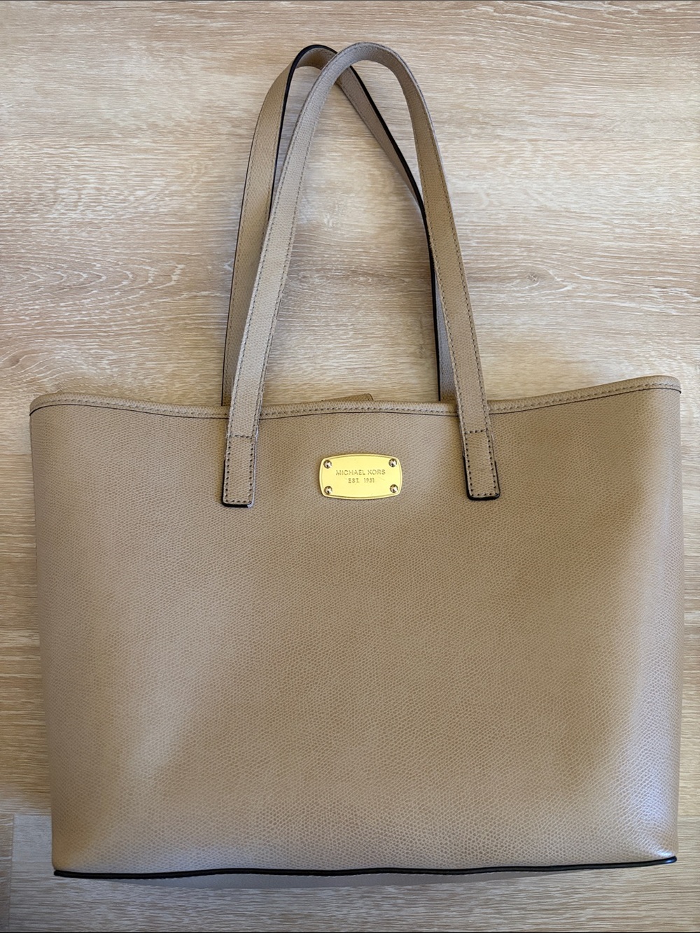 Michael Kors Taupe Tote with Gold Plaque
